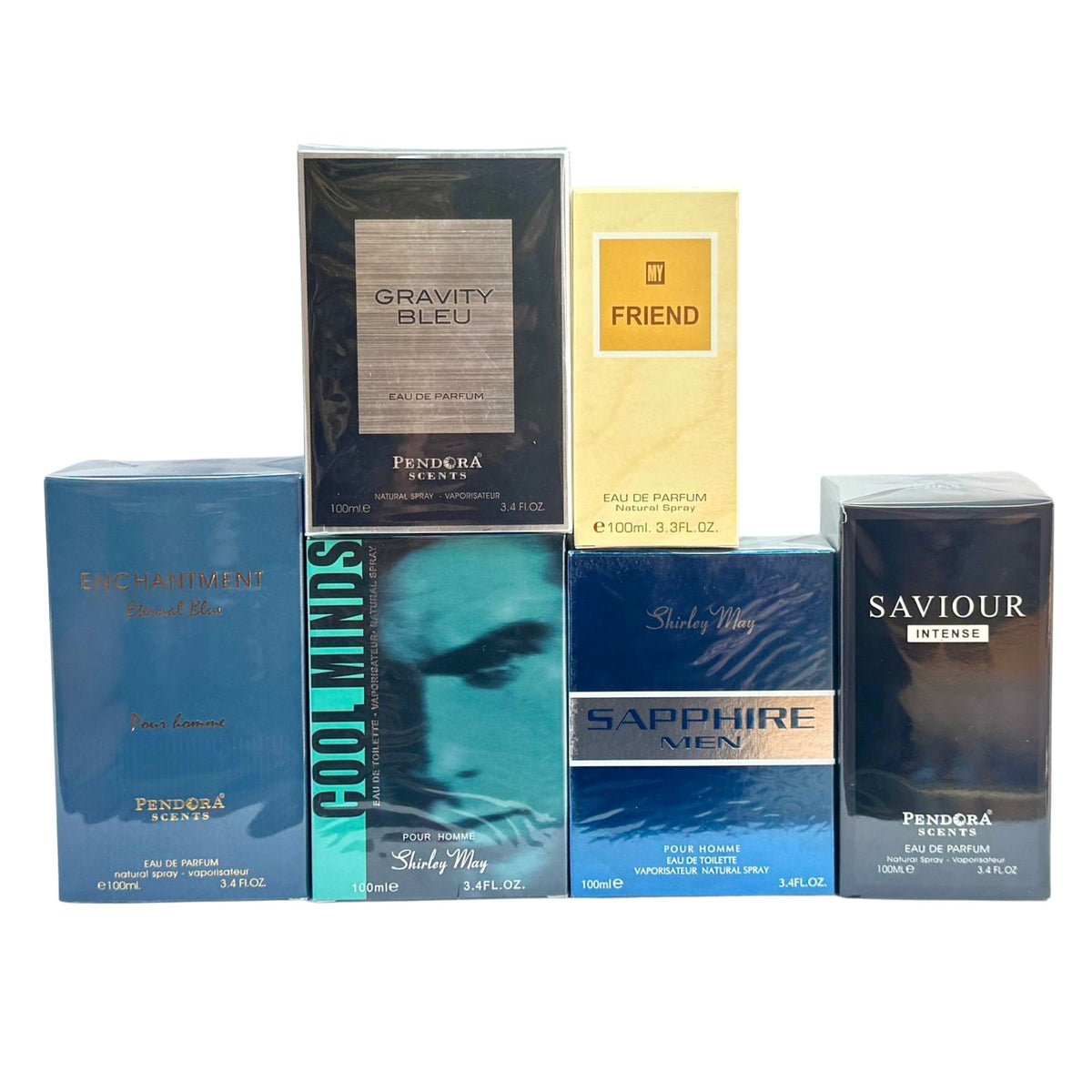 Men's Perfume Bundle – 6 Fragrance Set (Enchantment Blue, Gravity Bleu, My Friend, Cool Minds, Sapphire Men, Saviour Intense – 100ml Each)