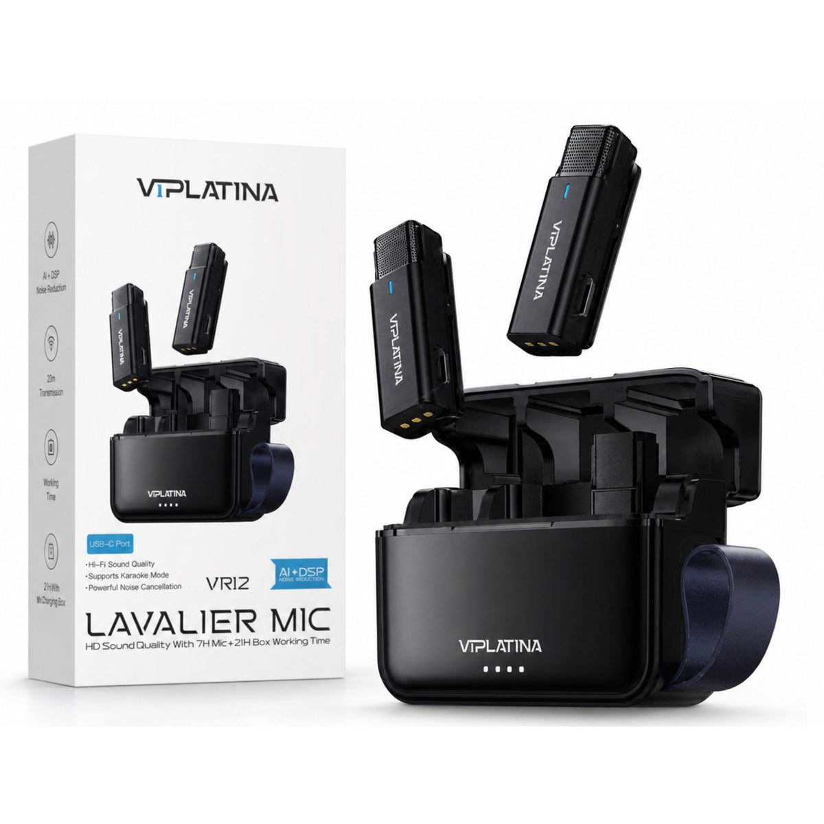 VIPLATINA VR12 Dual Lavalier Wireless Microphone USB-C AI DSP Noise Cancellation Mic