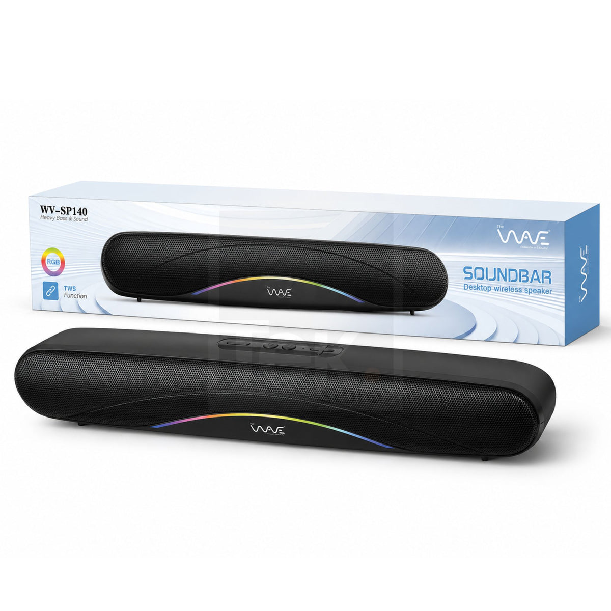 The Wave WV-SP140 Wireless Desktop Soundbar Speaker with RGB Light, TWS, USB, TF Card & FM Radio – Black