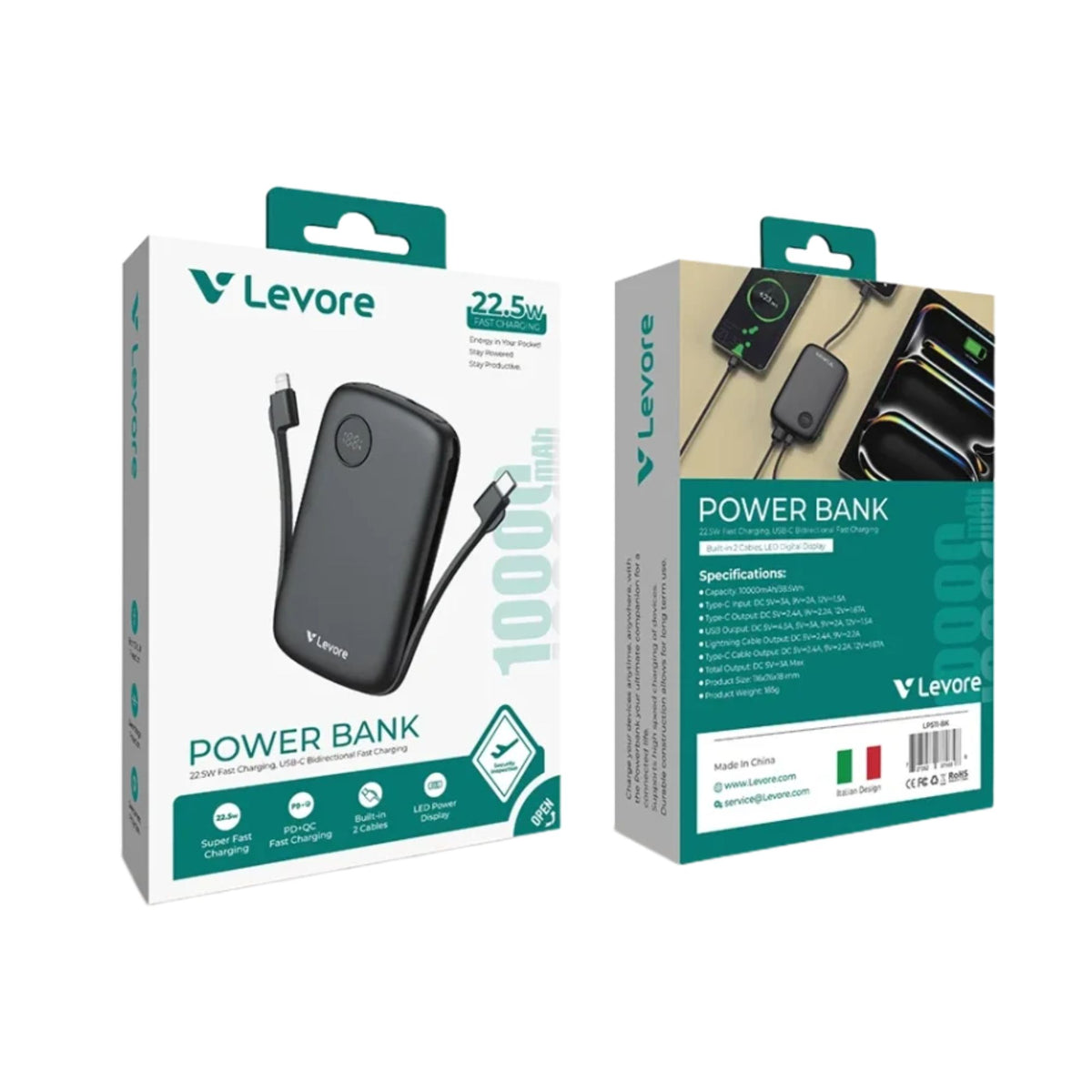 LEVORE LP511 10000mAh 22.5W Super Fast Charging Power Bank with Built-In Type-C & Lightning Cables