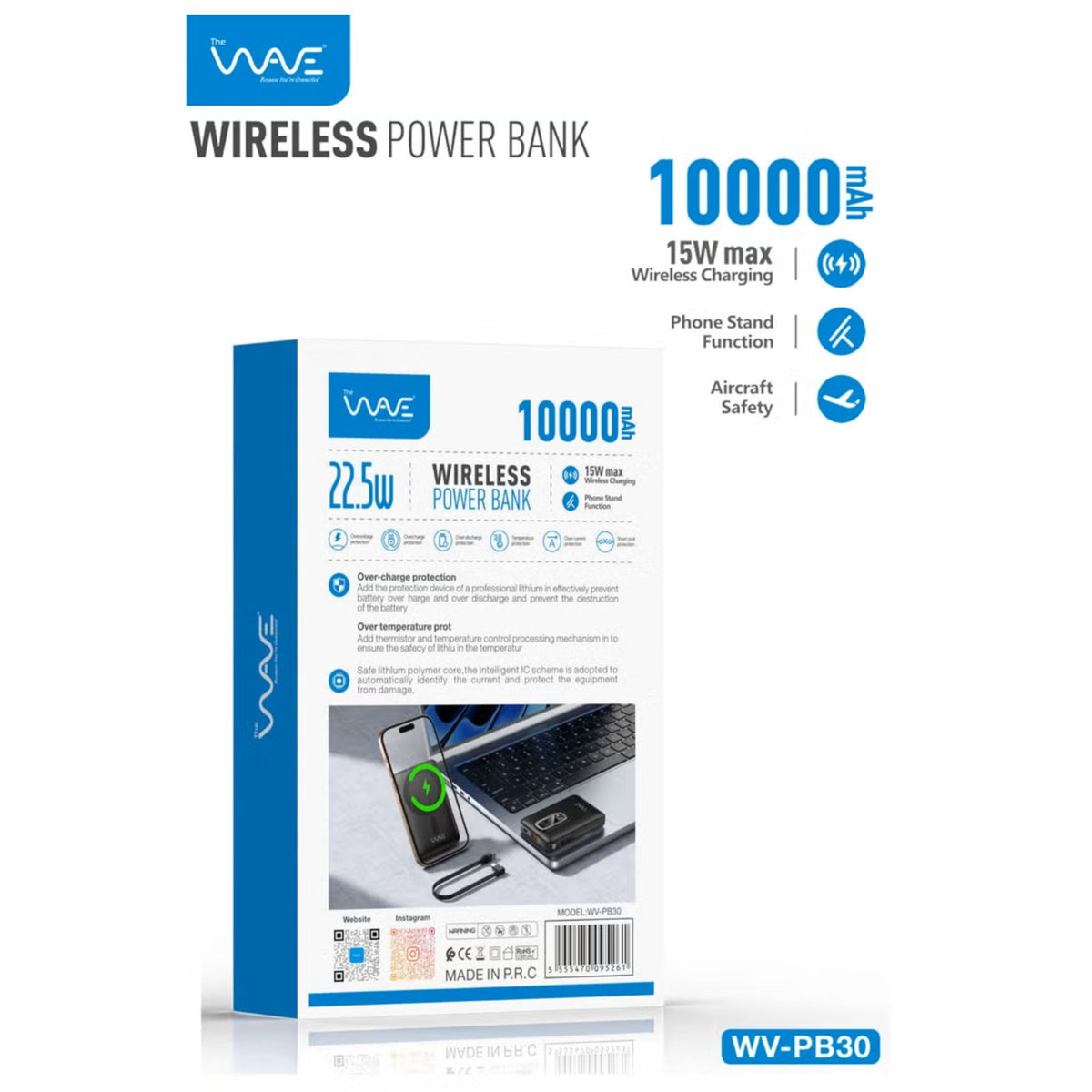 WAVE WV-PB30 Wireless Power Bank 10000mAh | 22.5W Fast Charging | 15W Wireless Charger | Built-in Stand