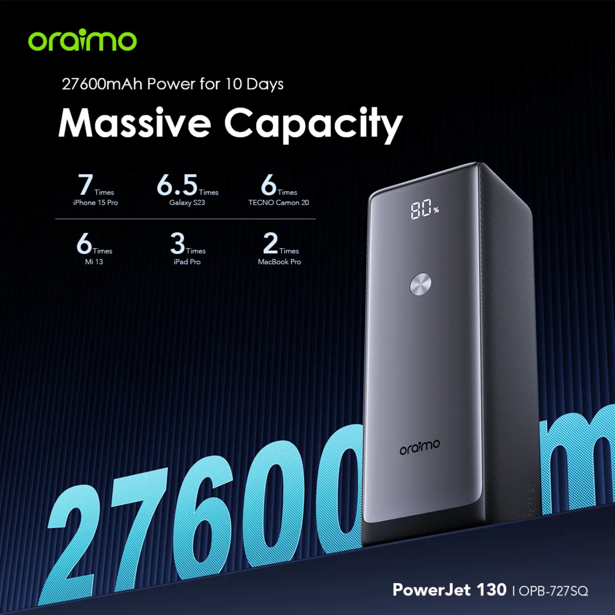 Oraimo PowerJet 130 OPB-727SQ 27600mAh Power Bank – 130W Ultra Fast Charging for Laptops & Phones
