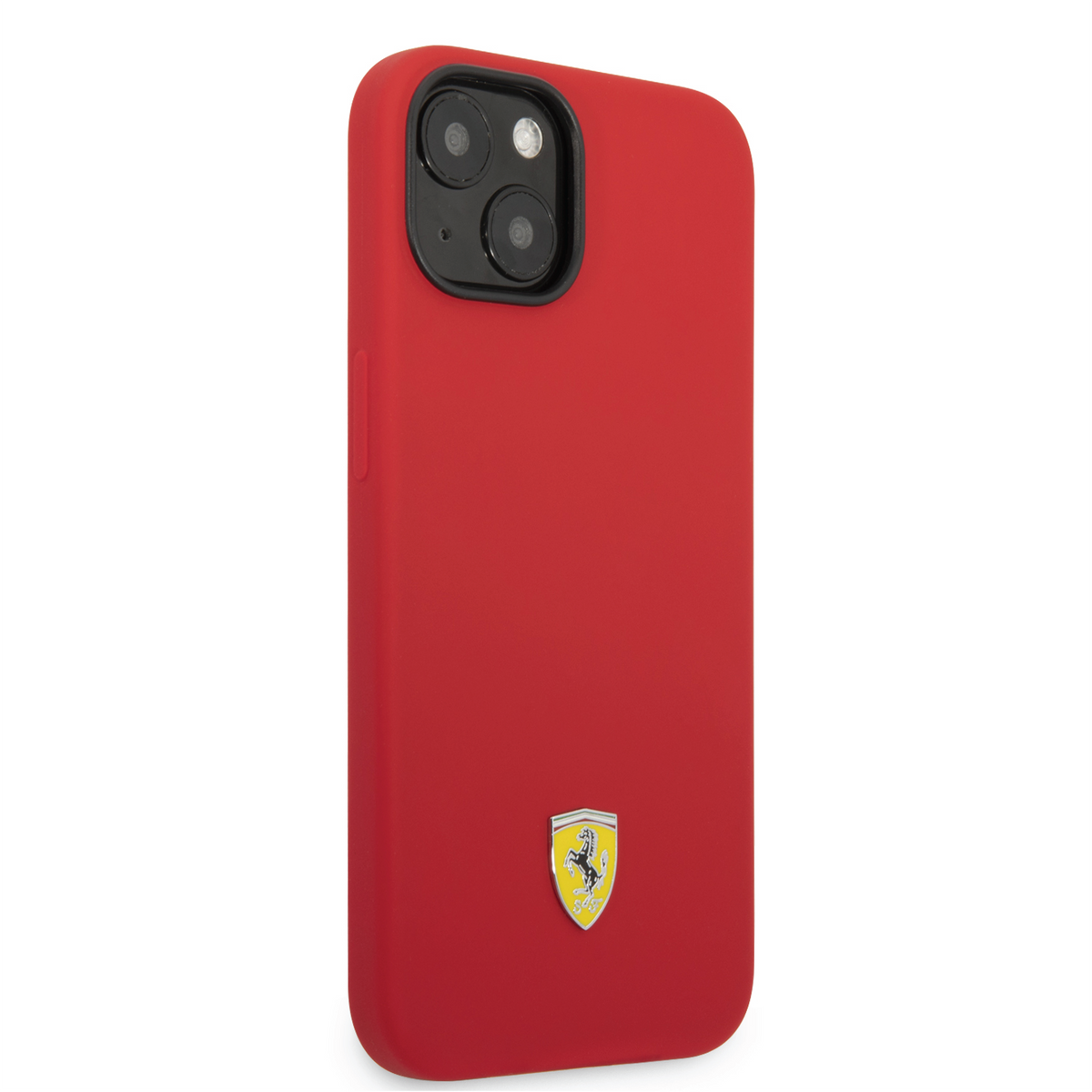 Ferrari Liquid Silicone Plain Case with Yellow Metal Logo Compatible for iPhone 14 Pro, 14 Pro Max (Black/Red)