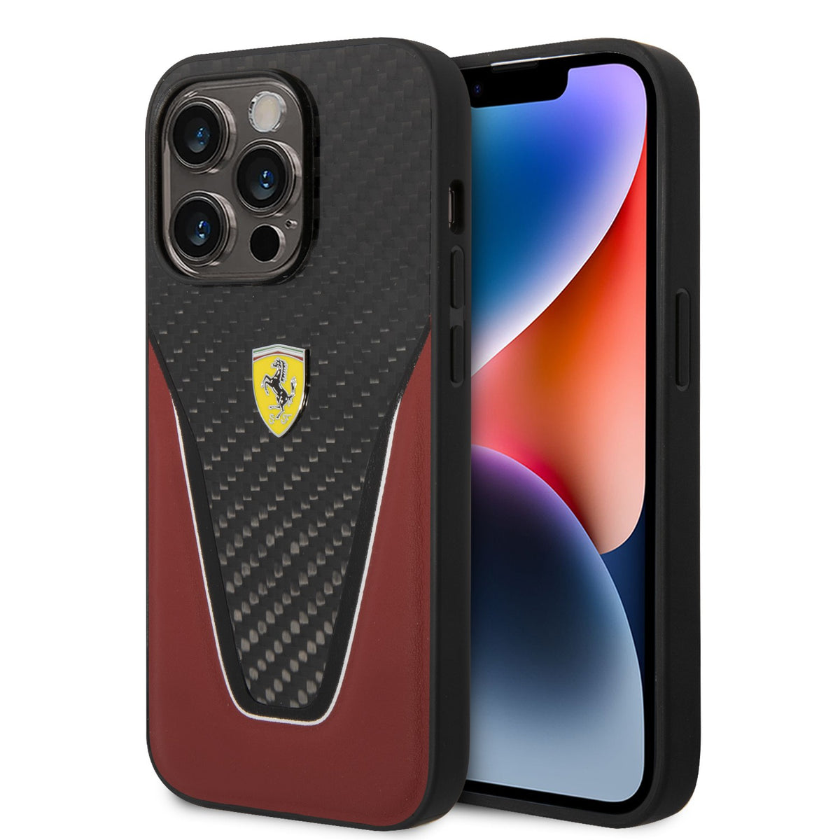 Ferrari Carbon Leather Case with Yellow Shield Logo Compatible IPhone 14 Pro, 14 Pro Max